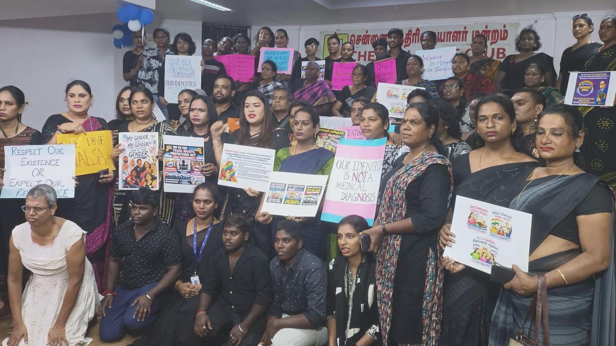 Members of the Trans Bill Protest Committee of Tamil Nadu protesting against the Bill at Chennai Press Club| Photo Credit: The Hindu/R. RAGU