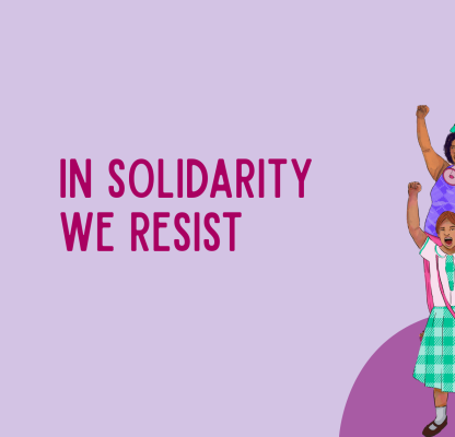 A beige banner with the May 28 logo on top left. On the right is an illustration of people sloganeering. In the middle is pink text that reads: In Solidarity We Resist