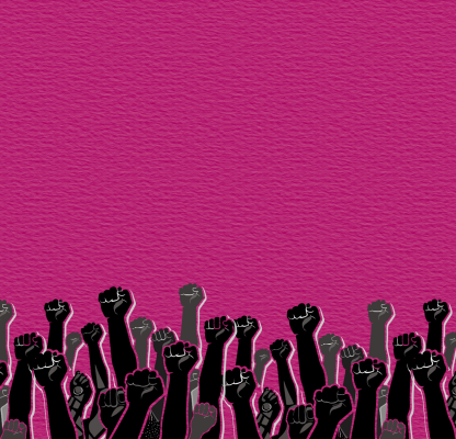A banner with illustrations of fists raised in protest at the bottom and the HIV red ribbon on the symbol.