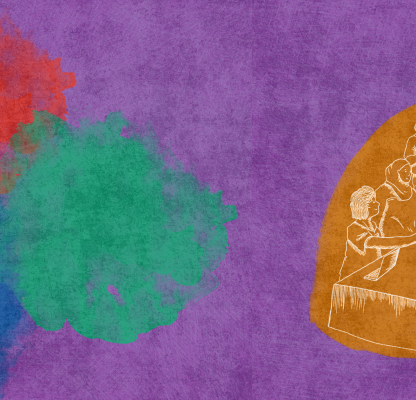 A purple banner with red, green and blue hazy clouds on the left, and an illustration of people standing around a desk.