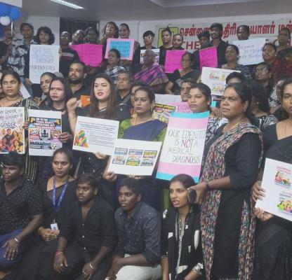 Members of the Trans Bill Protest Committee of Tamil Nadu protesting against the Bill at Chennai Press Club| Photo Credit: The Hindu/R. RAGU
