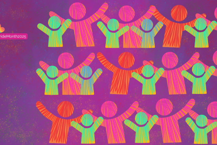 A banner showing diverse figures of parents with their children. On the left is text Pride Month 25 with rainbow hearts. 