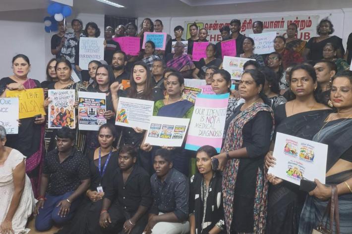 Members of the Trans Bill Protest Committee of Tamil Nadu protesting against the Bill at Chennai Press Club| Photo Credit: The Hindu/R. RAGU