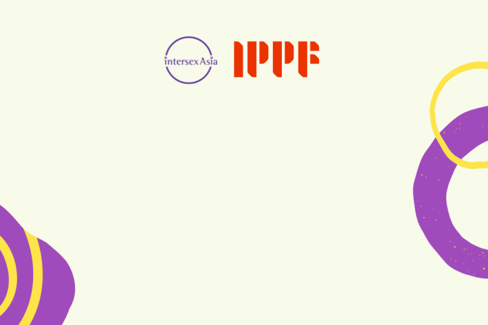 A yellow banner image with circle and spiral designs in yellow and purple on the left and right edges. On the top in the middle are the Intersex Asia and IPPF logos. 