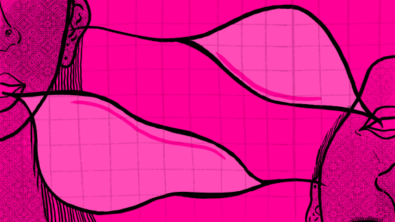 A pink illustration of two mouths on the left and right edges of the illustrations and two dialogue boxes coming out of them. One mouth is upright, one is upside down. 