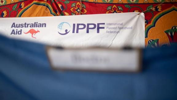 A banner captured during the IPPF Humanitarian Response with the Australian Aid and IPPF logo. Credit: IPPF/RebeccaConway