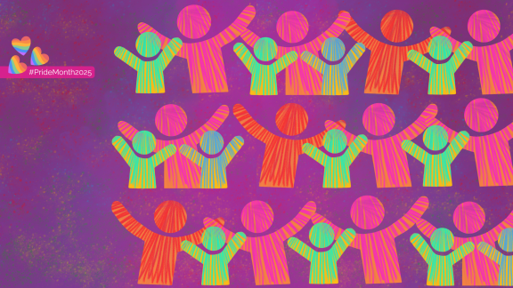 A banner showing diverse figures of parents with their children. On the left is text Pride Month 25 with rainbow hearts. 