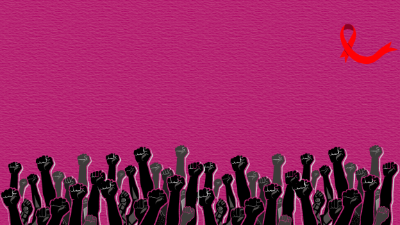 A banner with illustrations of fists raised in protest at the bottom and the HIV red ribbon on the symbol.