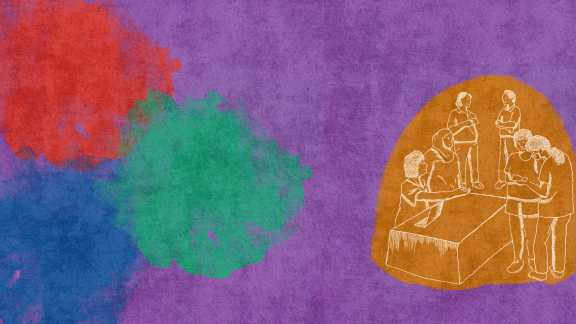 A purple banner with red, green and blue hazy clouds on the left, and an illustration of people standing around a desk.